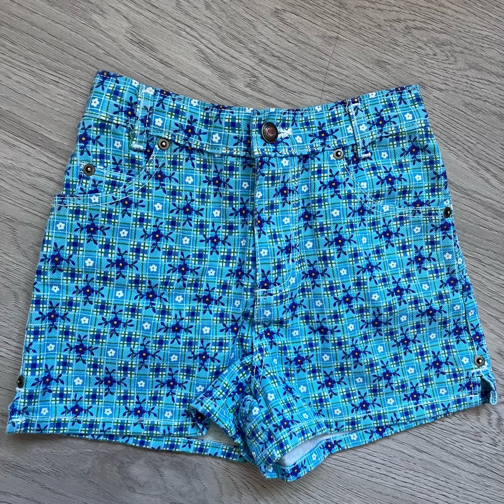 Vintage 90s Kids Blue Patterned Shorts, Girls Size 10